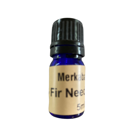 Fir Needle Essential Oil - Fir Needle Essential Oil in a small blue colored bottle with light brown label and black screw cap.