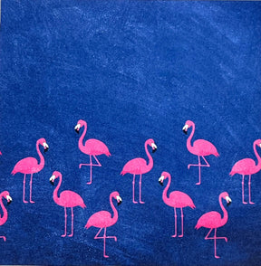 Flamingo Flock magnet with multiple pink flamingos standing on a blue background.