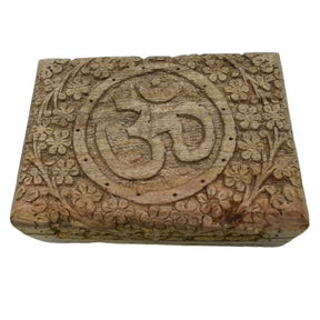 Floral OM Box - Natural wood box, deep etched floral design with carved OM center 