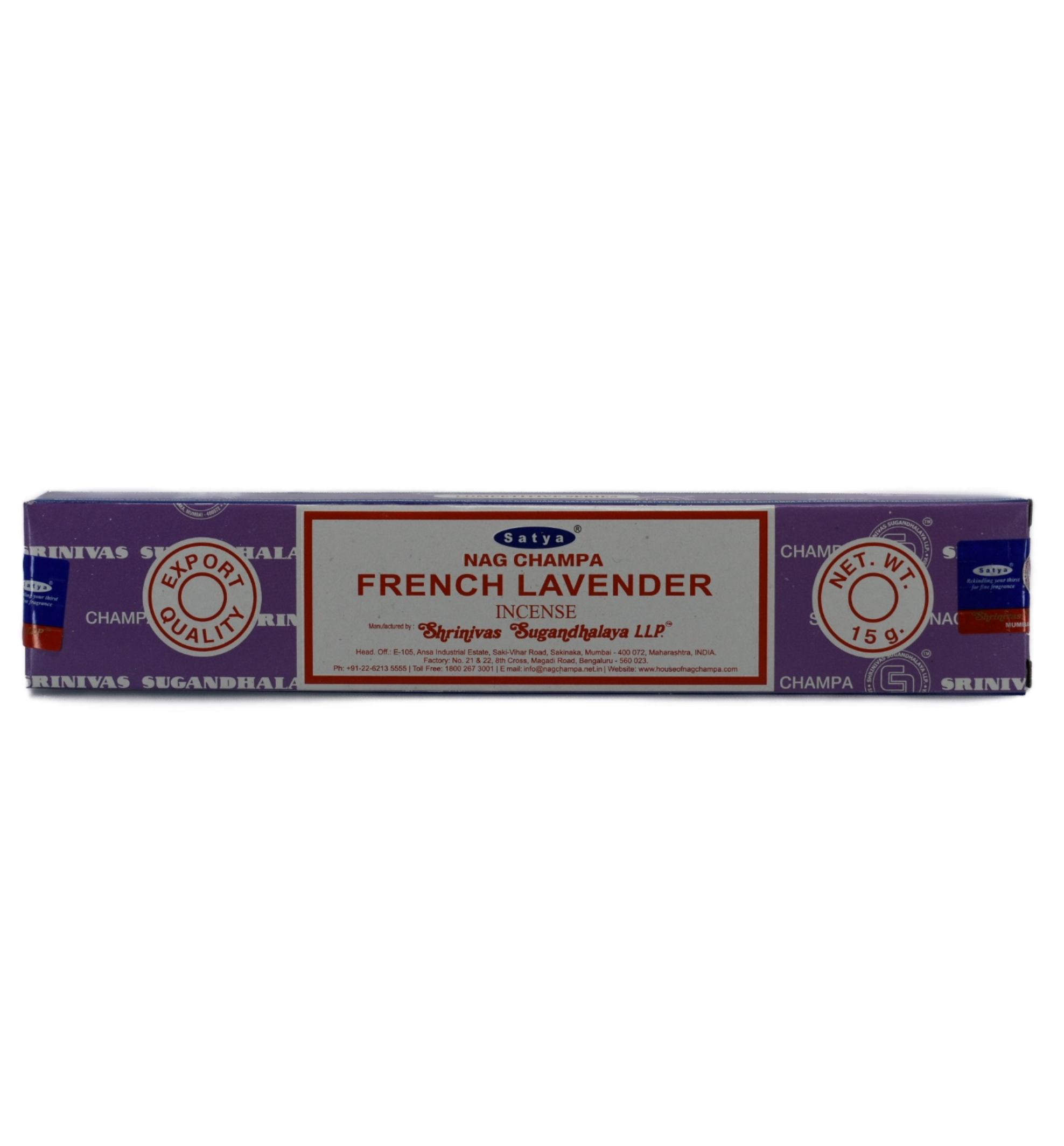 French Lavender Incense Sticks. The box is lavender with a design of stripes made of company words. The rectangler white box in the center has a red frame within the border. Inside the box it says Sayta, Nag Champa, French Lavender Incense. Below that is the manufacturer's information. On both sides of the rectangle are circles. The left circle says export quality and the right circle says NET. WT. 15 g.