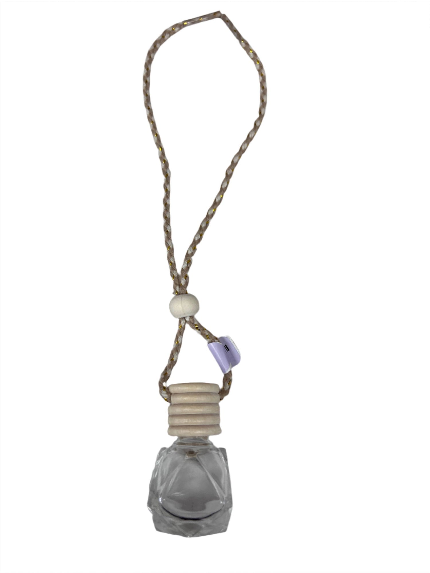 Glass Bottle Diffuser - clear octagonal bottle with wood cap and on a rope 