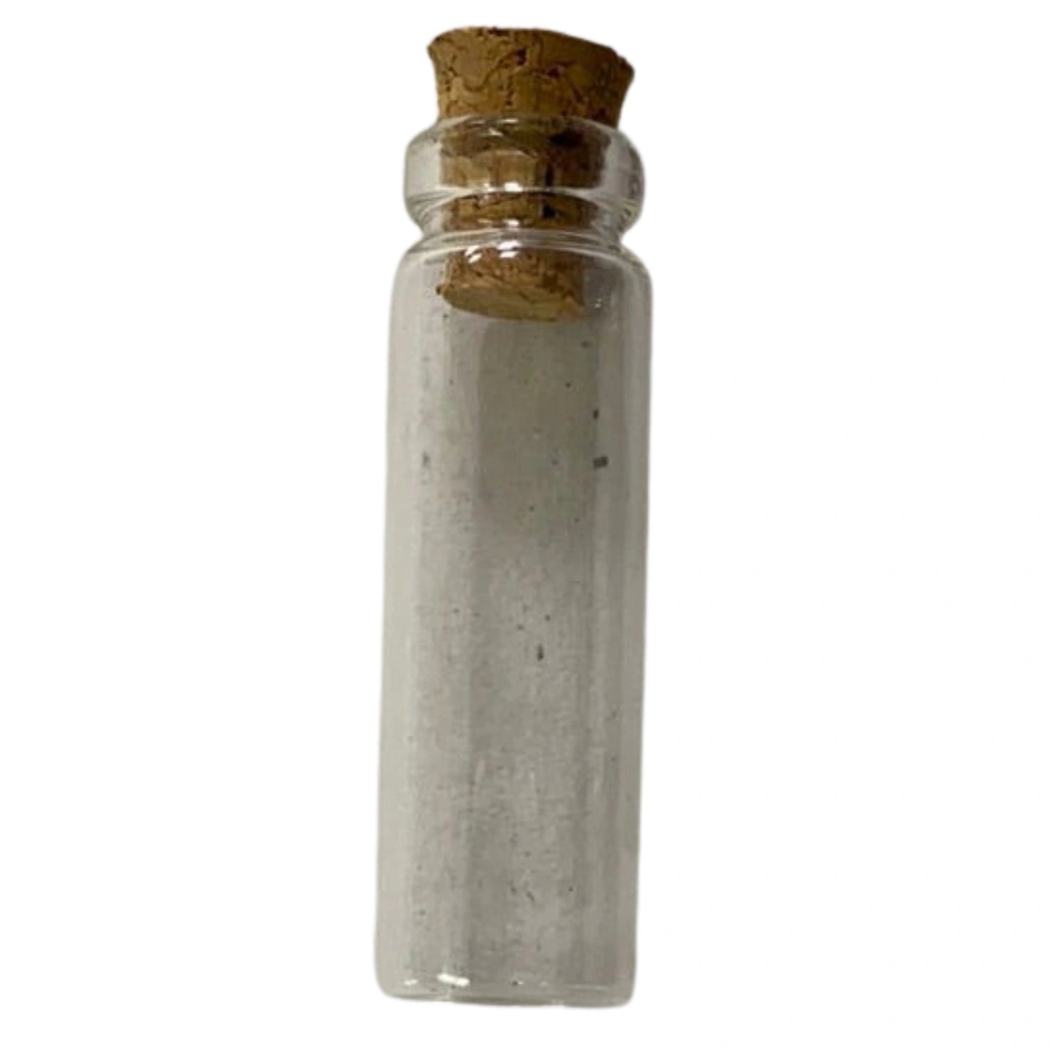 Small glass vial with a cork stopper.