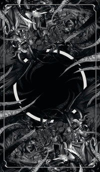 Goetia: Tarot in Darkness - Black card dark moon with figures of people surrounding it 