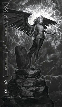 Goetia: Tarot in Darkness - Black card with angel standing on mountain 