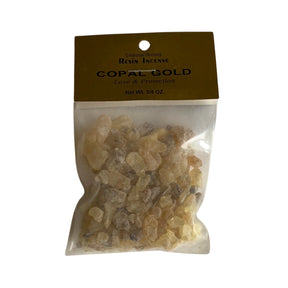 Golden Copal Resin Incense in a plastic bag.