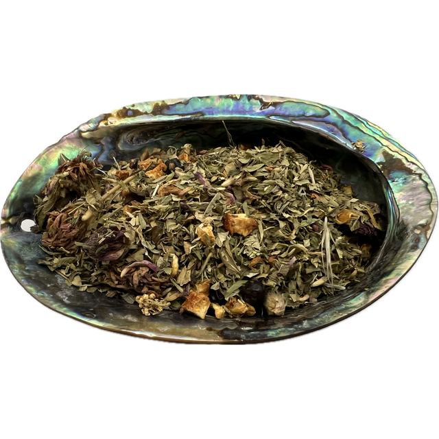 Goodbye Stress Herb Mix Bag - Goodbye Stress Herb Mix on top of a colour sea shell