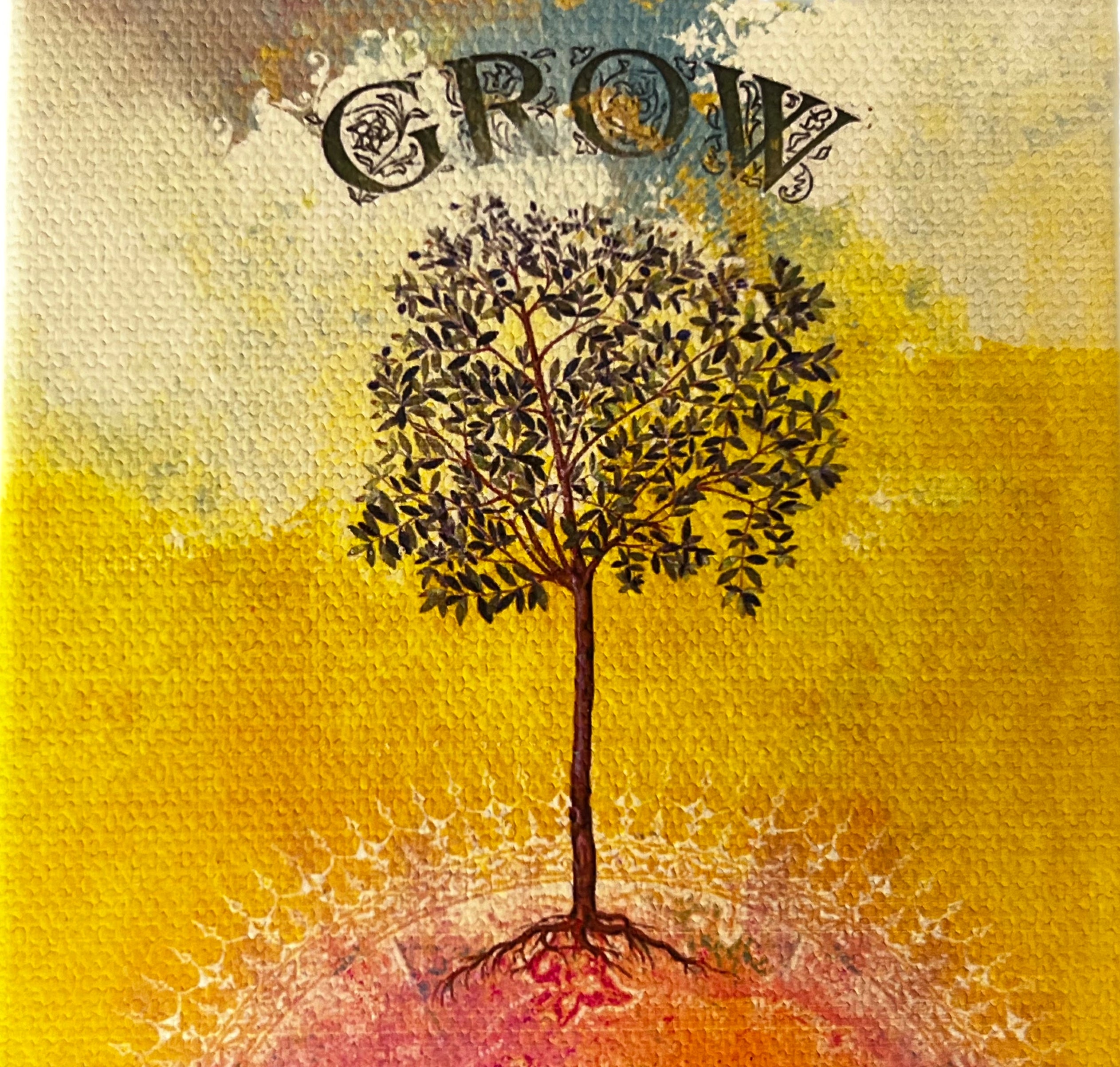 Yellow square with image of a tree and the word grow over it 