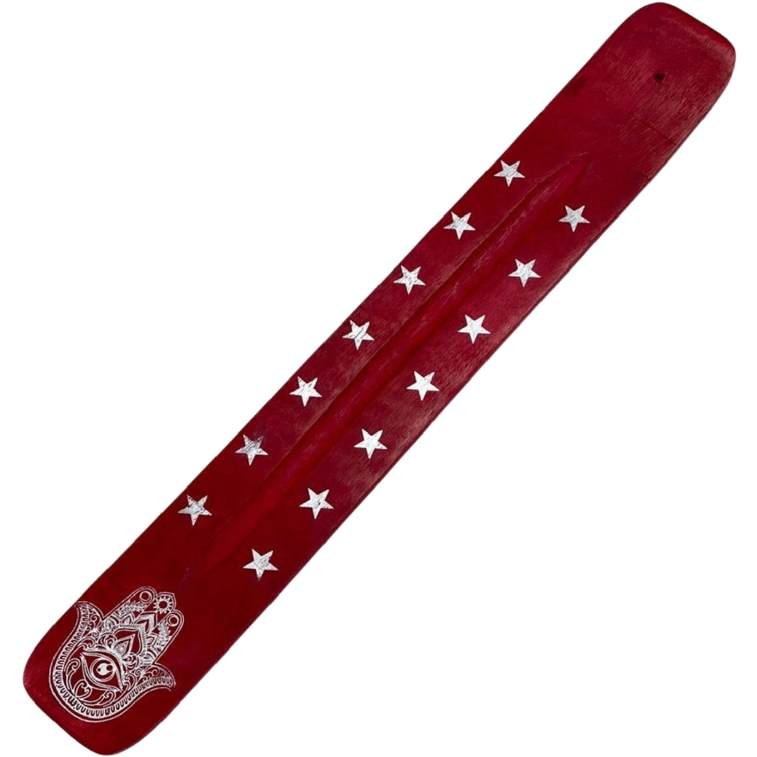 Red wooden incense burner with Hamsa hand and star design.