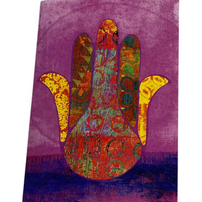 Colorful Hamsa hand symbol on a purple background.