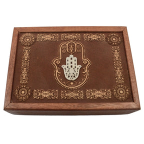 Hand of Fatima Laser Engraved Box - beautiful engraved box with lace like carving, etched Hamsa hand and an inlaid hand as well 