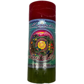 Red candle with "MANDALA" and "HAPPINESS" labels.
