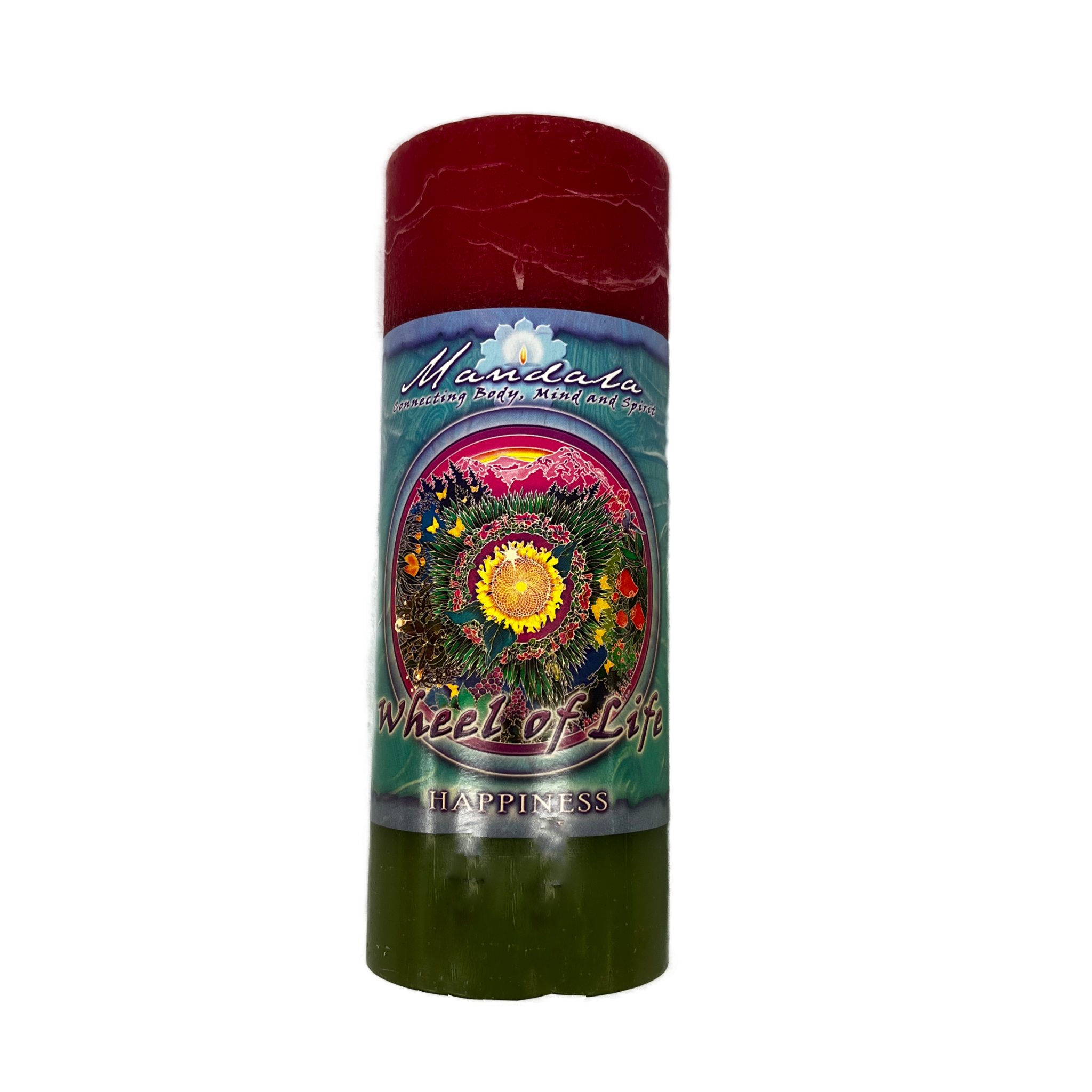 Large candle of green and red with label 