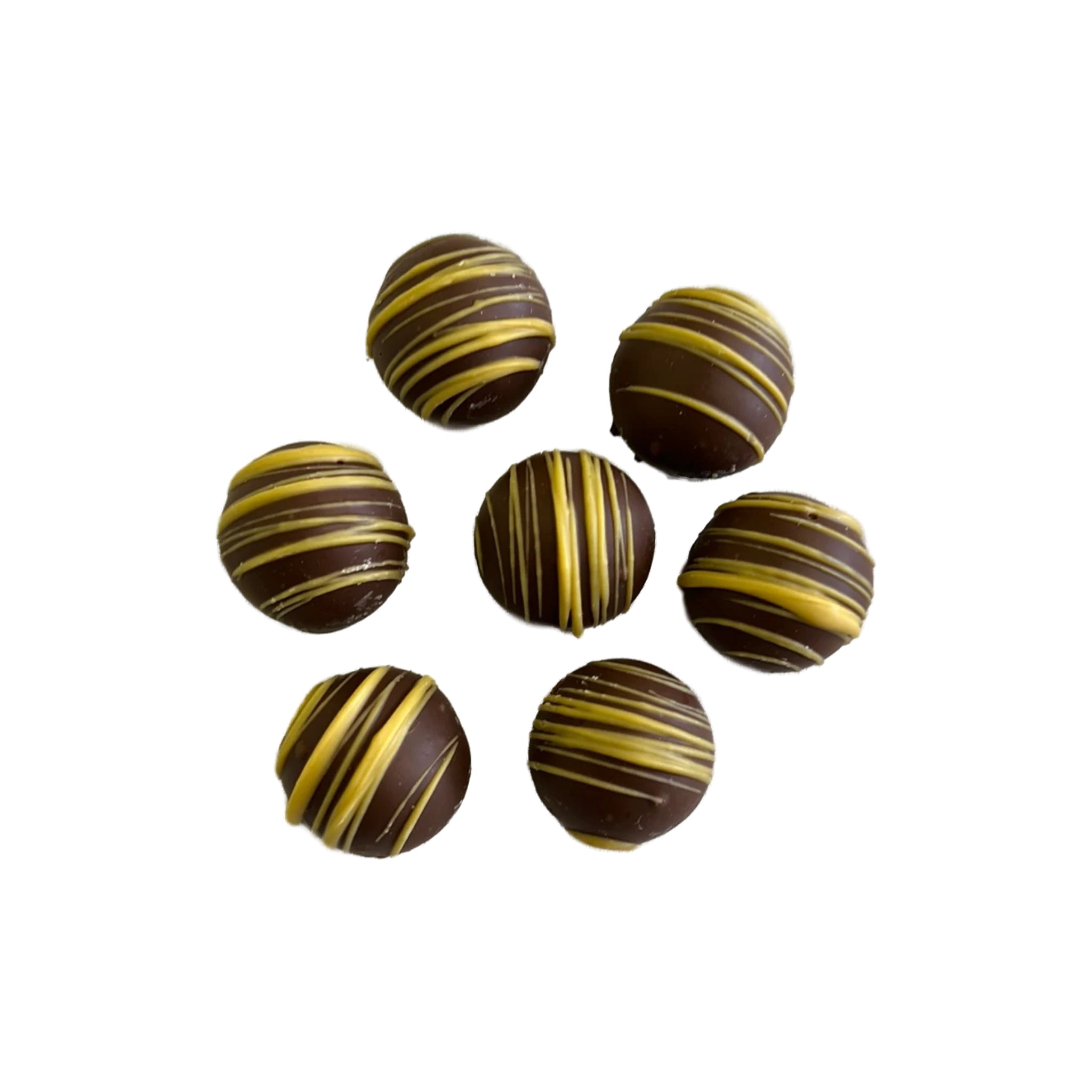 Round marble size milk chocolate balls with yellow lacing 