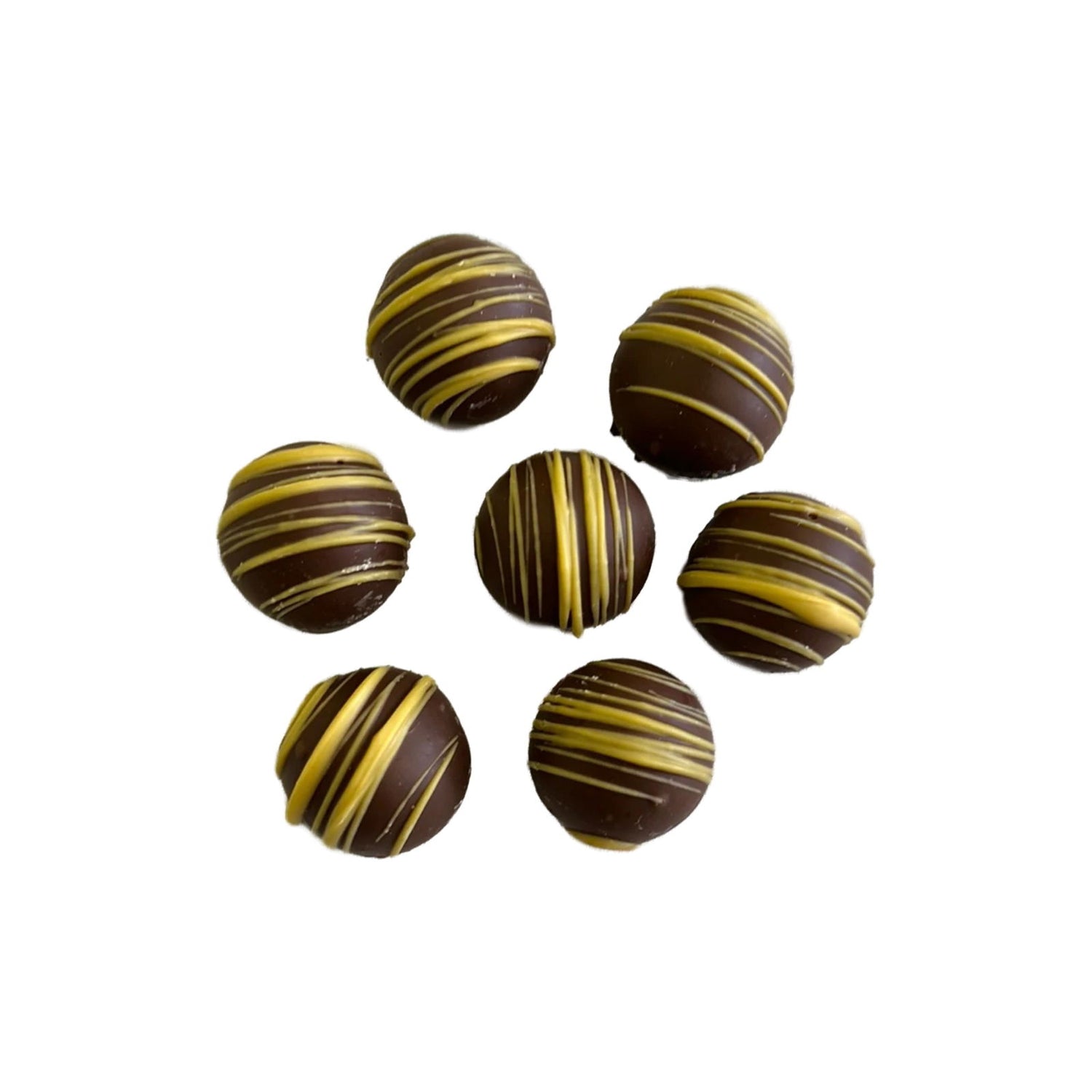 Hazelnut Milk Chocolate Truffle - Round marble size milk chocolate balls with yellow lacing 