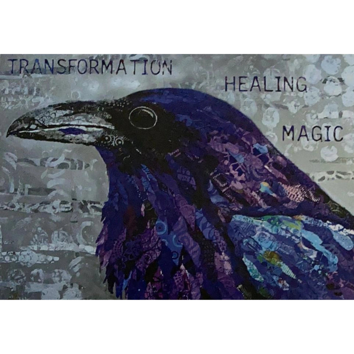Purple and blue collage of a raven with the words "TRANSFORMATION," "HEALING," and "MAGIC" surrounding it.