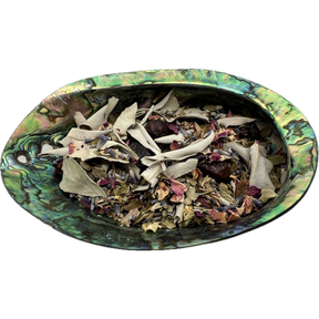 Heart Chakra Herb Mix Bag - Heart Chakra Herb Mix placed on a colorful shell bowl