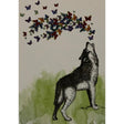 Black and white drawing of a wolf howling with a swarm of colorful butterflies surrounding it.