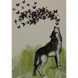 Black and white drawing of a wolf howling with a swarm of colorful butterflies surrounding it.