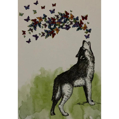 Black and white drawing of a wolf howling with a swarm of colorful butterflies surrounding it.