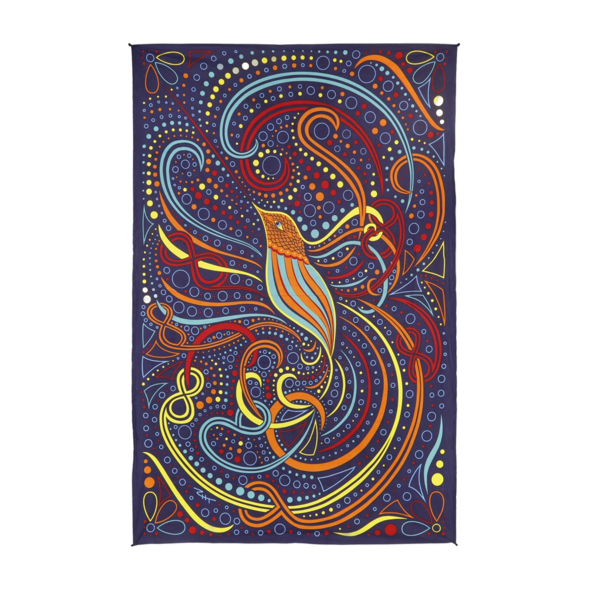 Dark Blue tapestry with colorful swirls and an image of a hummingbird 