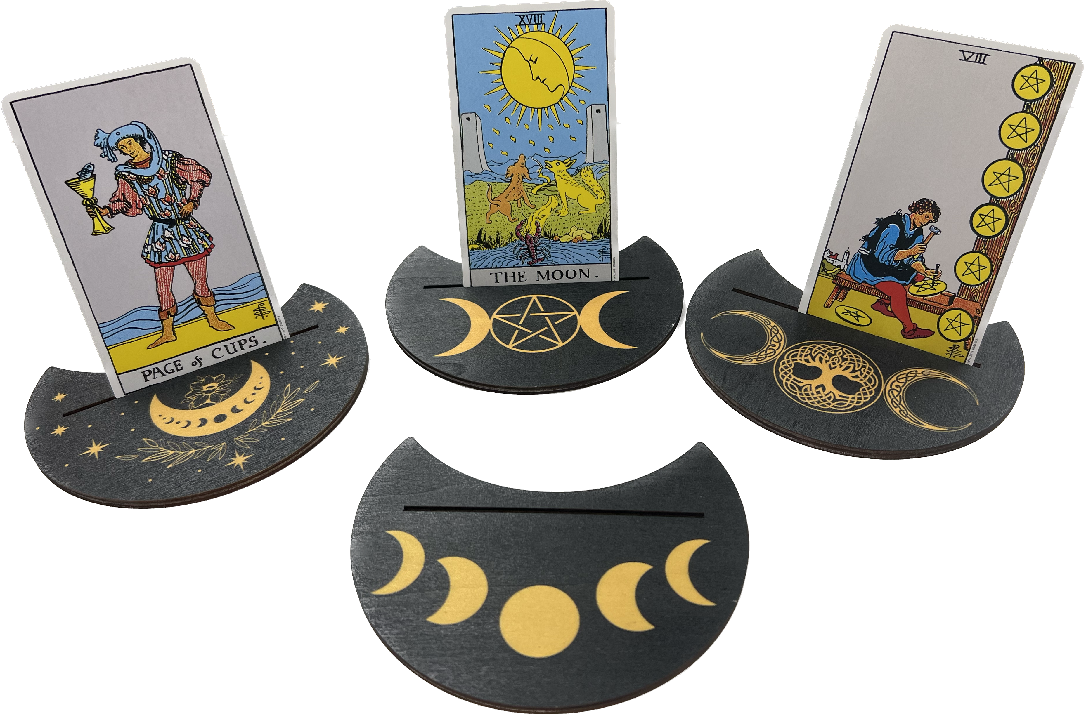 Crescent Moon Tarot Card Stand with Triple Moon & Tree of Life