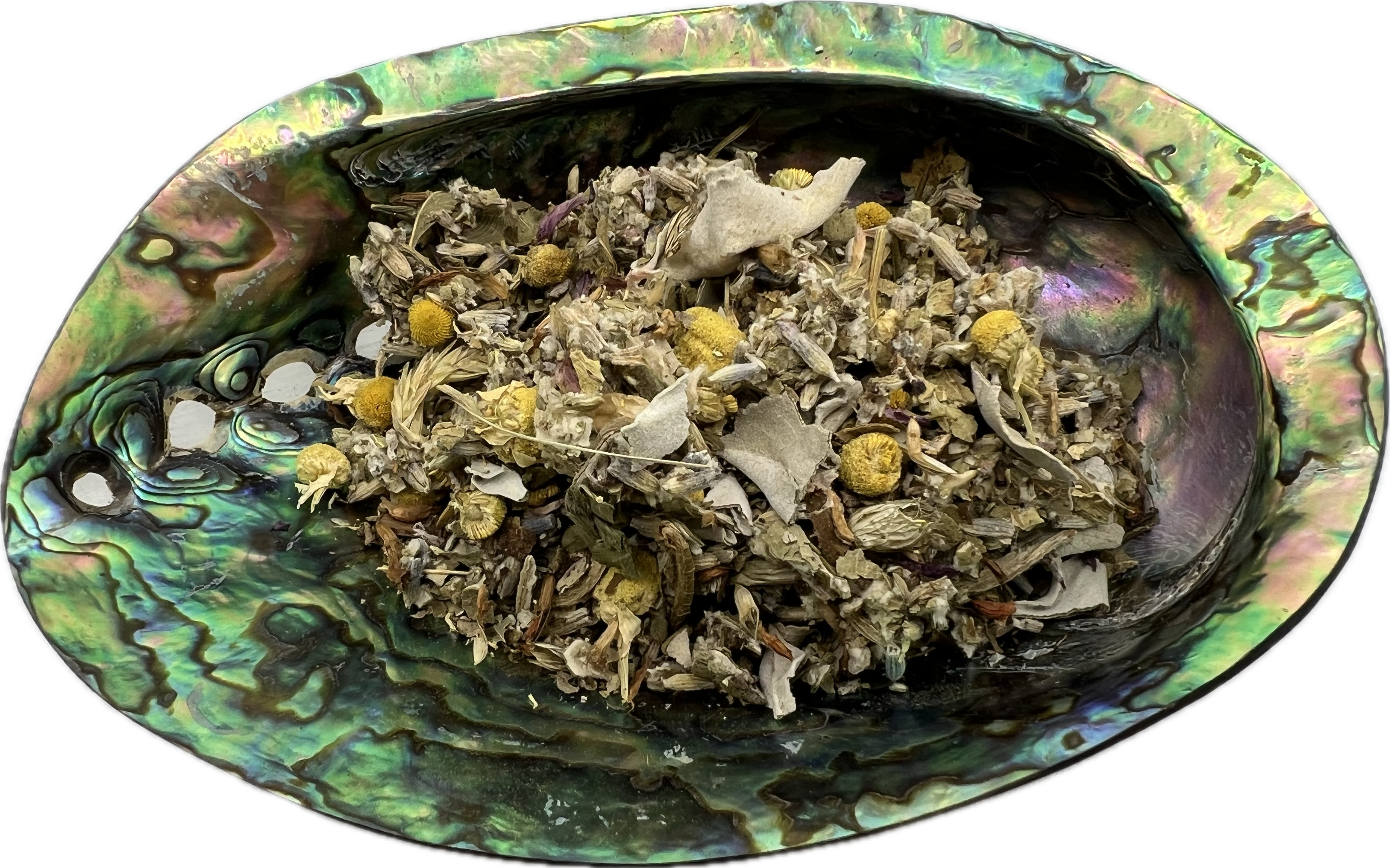 a mix of dried herbs in a shell bowl 