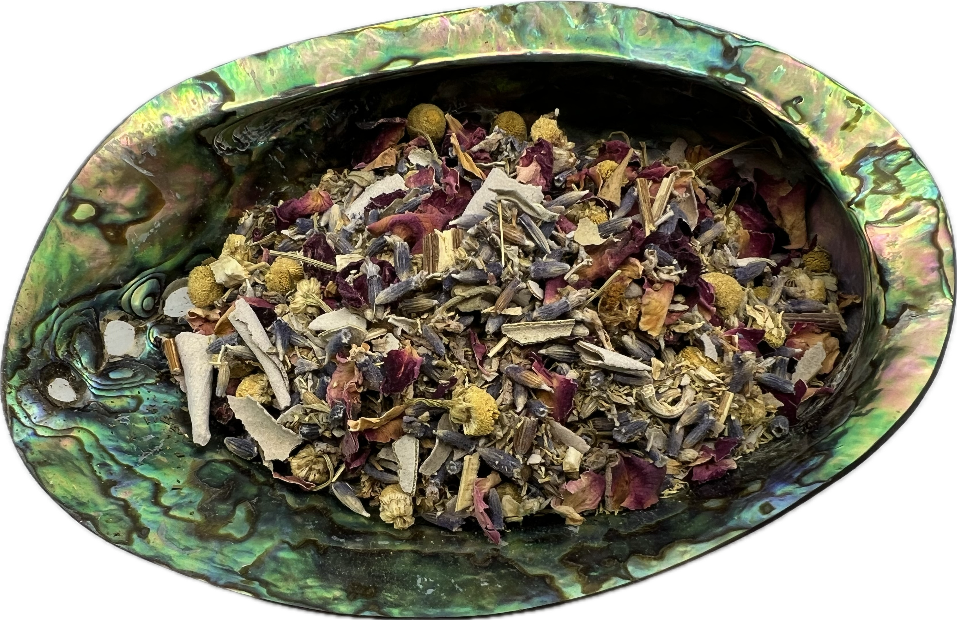 a mix of dried herbs in a shell bowl 