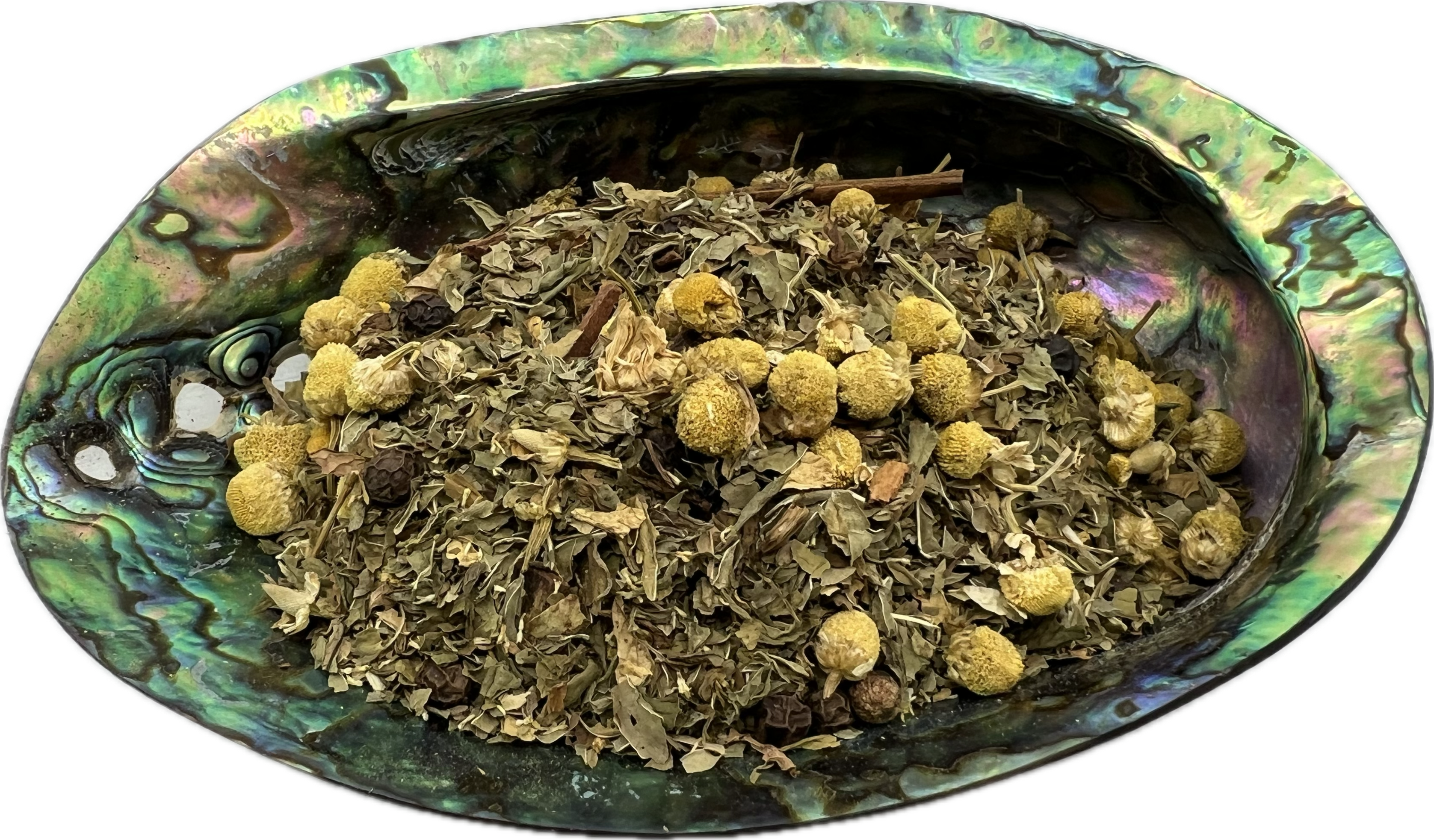 a mix of dried herbs in a shell bowl 