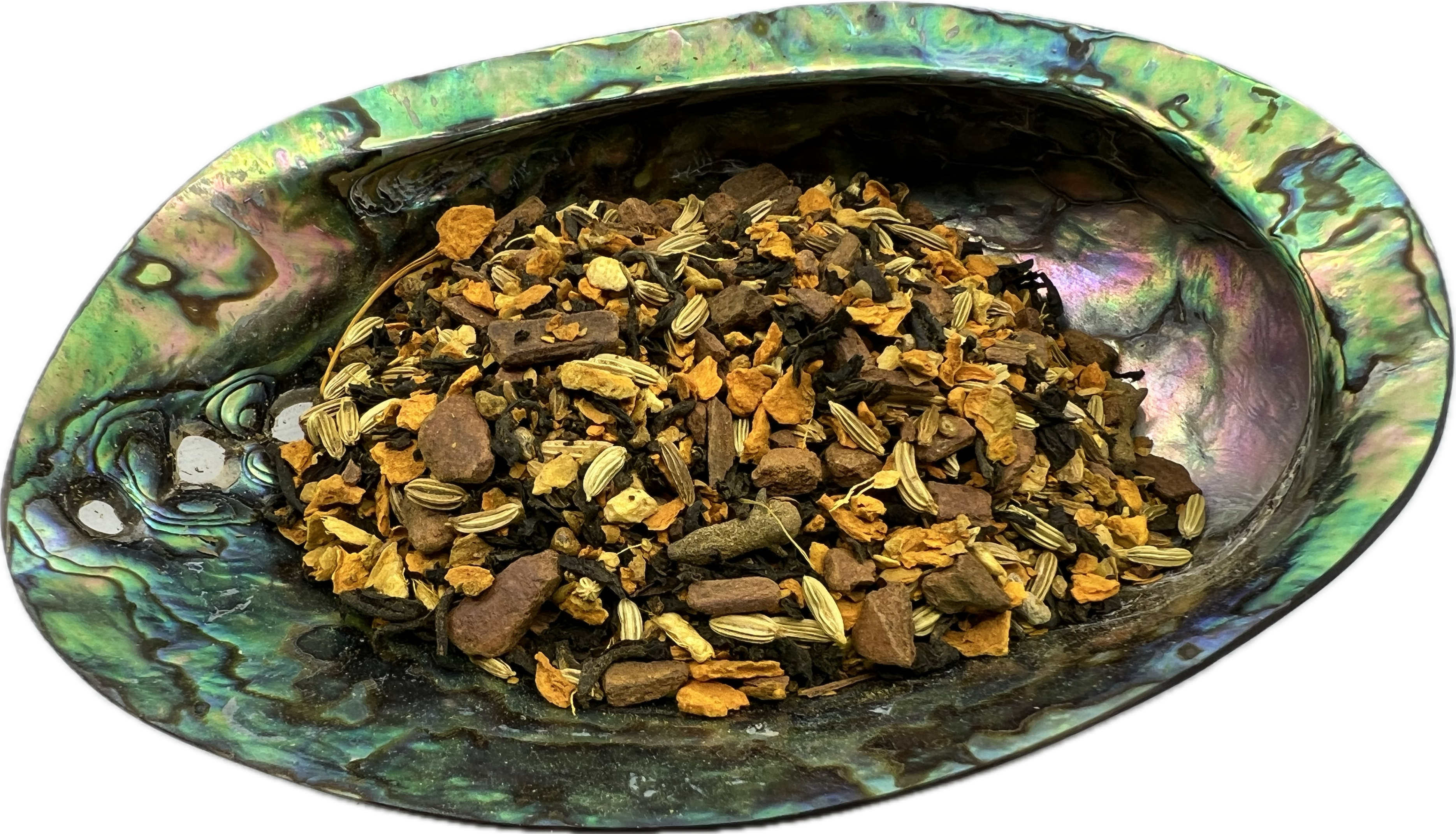 a mix of dried herbs inna shell bowl 