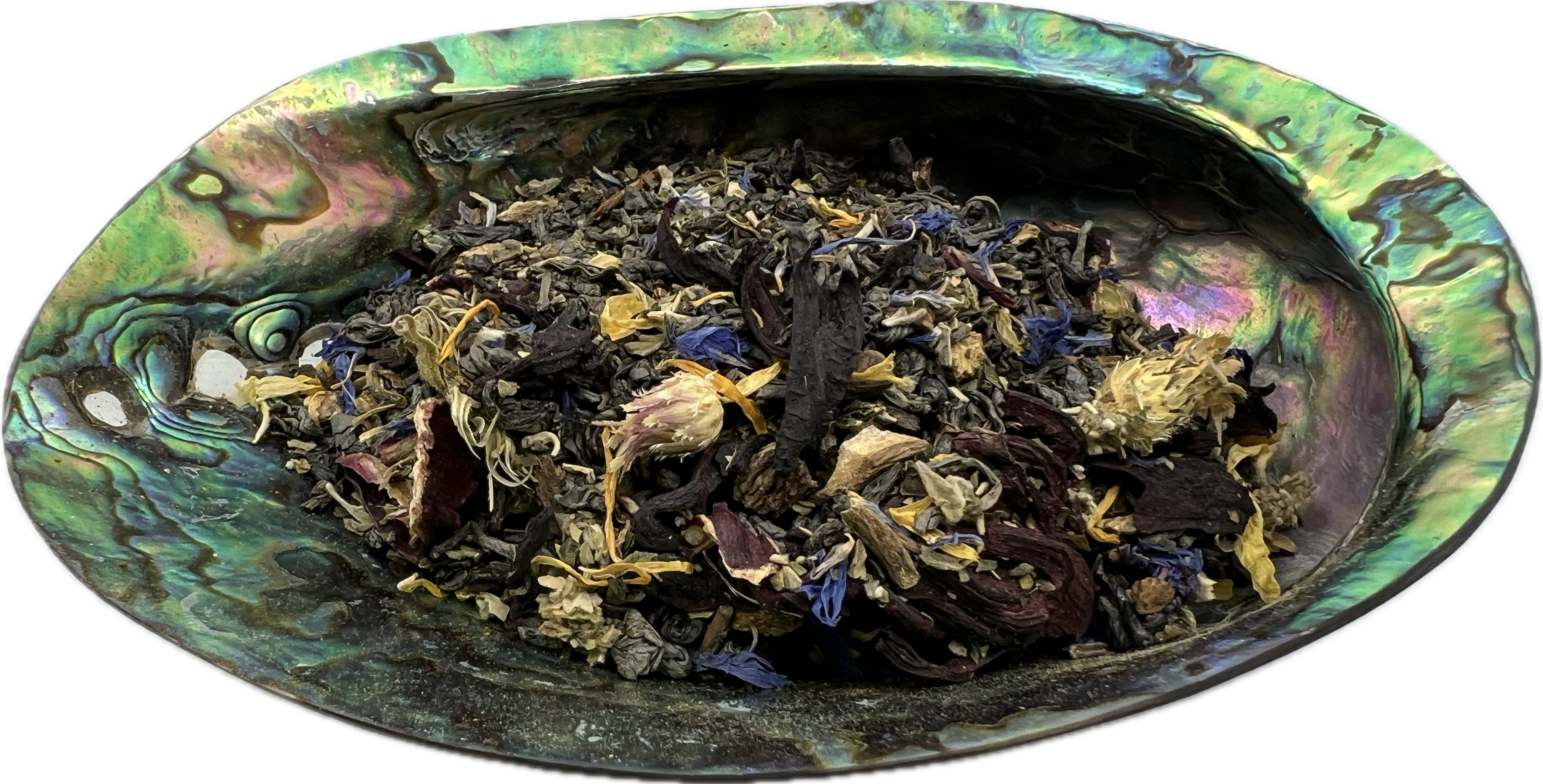 a mix of dried herbs in a shell bowl