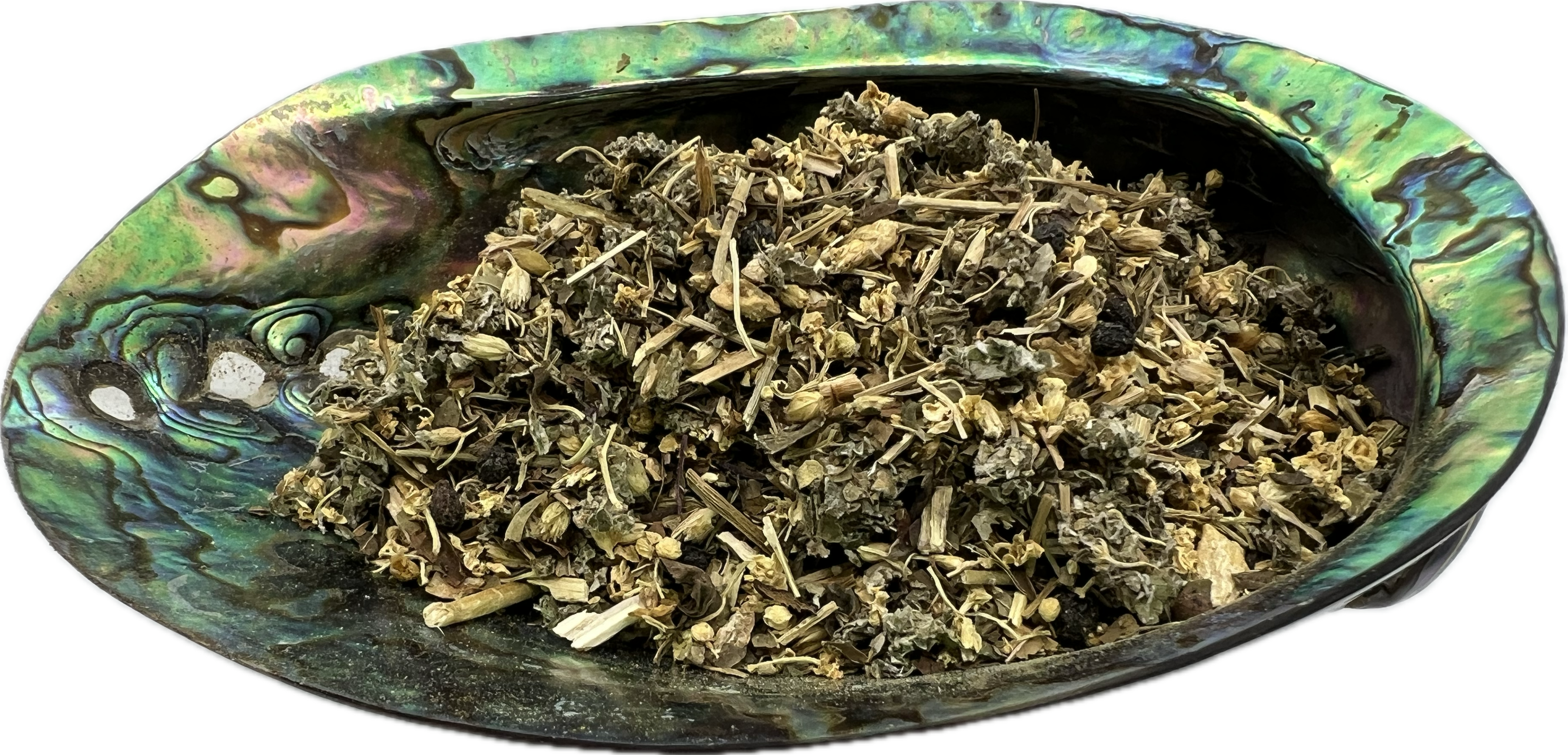 a mix if dried herbs inna shell bowl 