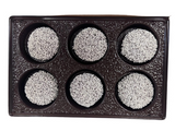 Box of 6 large round dark chocolate with white candy dots 