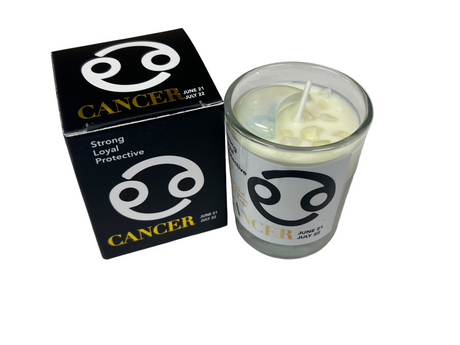 Candle with Cancer zodiac symbol packaging on a white background