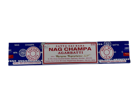 Blue and white incense box with label of Nag Champa 