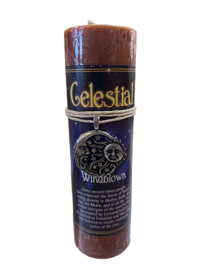 Celestial wisdom brown pillar candle with pewter sun moon charm 