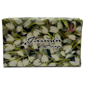 White soap box with a green border and a picture of jasmine flowers. The label reads "Kamini" and "Jasmine Soap."