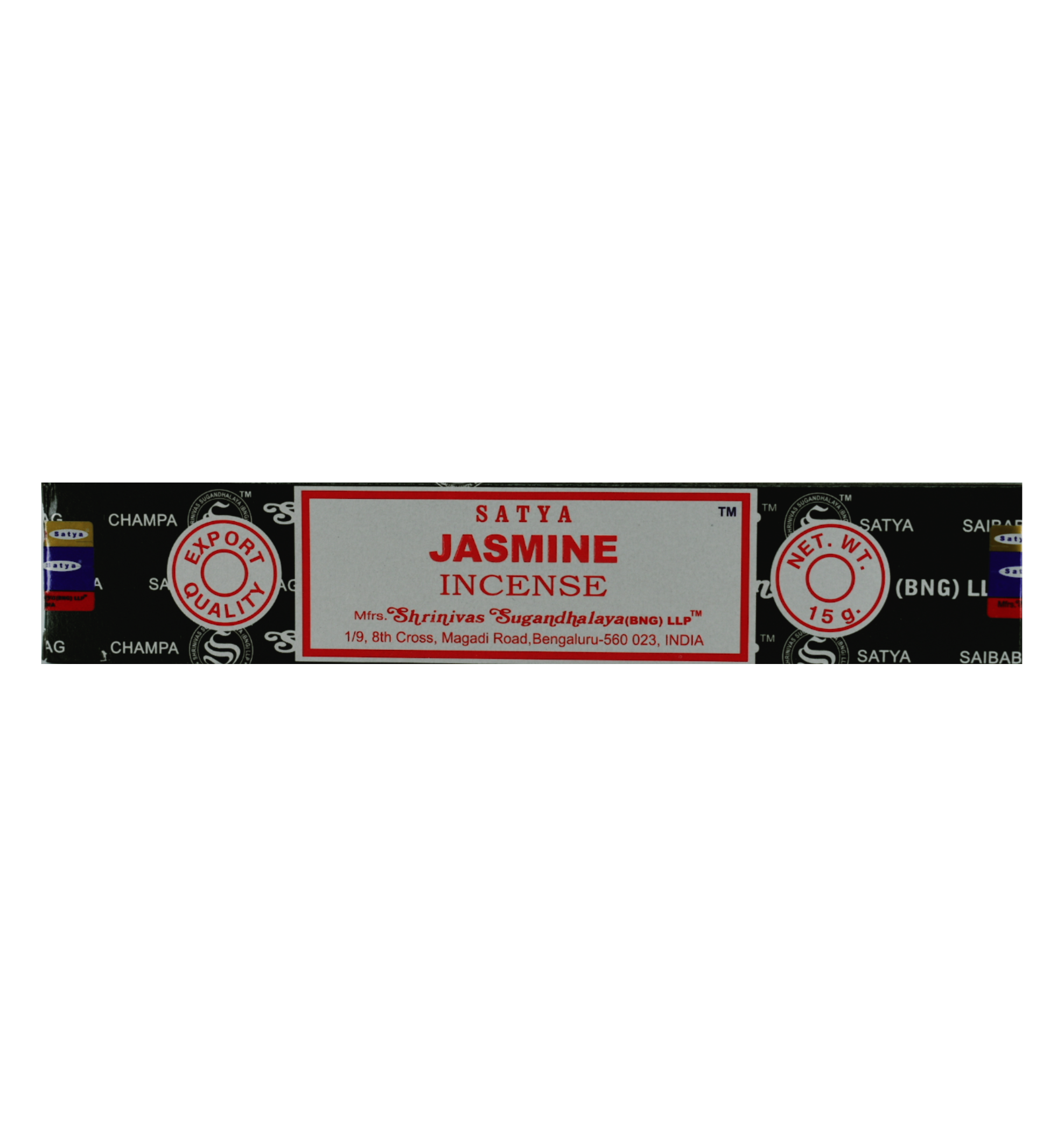 asmine Incense Sticks. Box is dark green with white lines that have company words as a design. The center of the box has a white rectangle with a red frame within the border. In the rectangle the top line has the company name. The next rows have the title Jasmine Incense. At the bottom of the rectangle is the manufacturer's information. On both sides are a circle. The left circle says Export Quality and the right side circle says Net. Weight 15 grams.