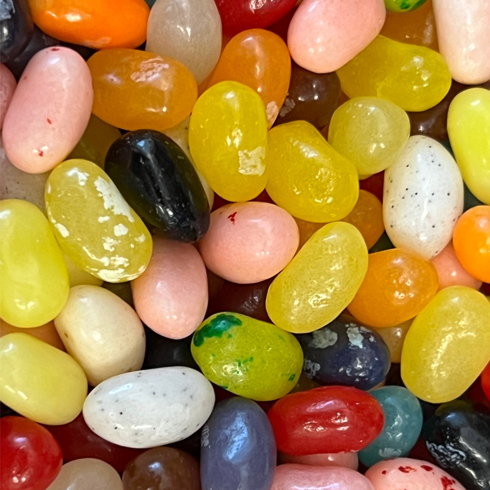 49 Flavors Jelly Belly Beans.  Multicolored jelly beans each are one of 49 flavors.