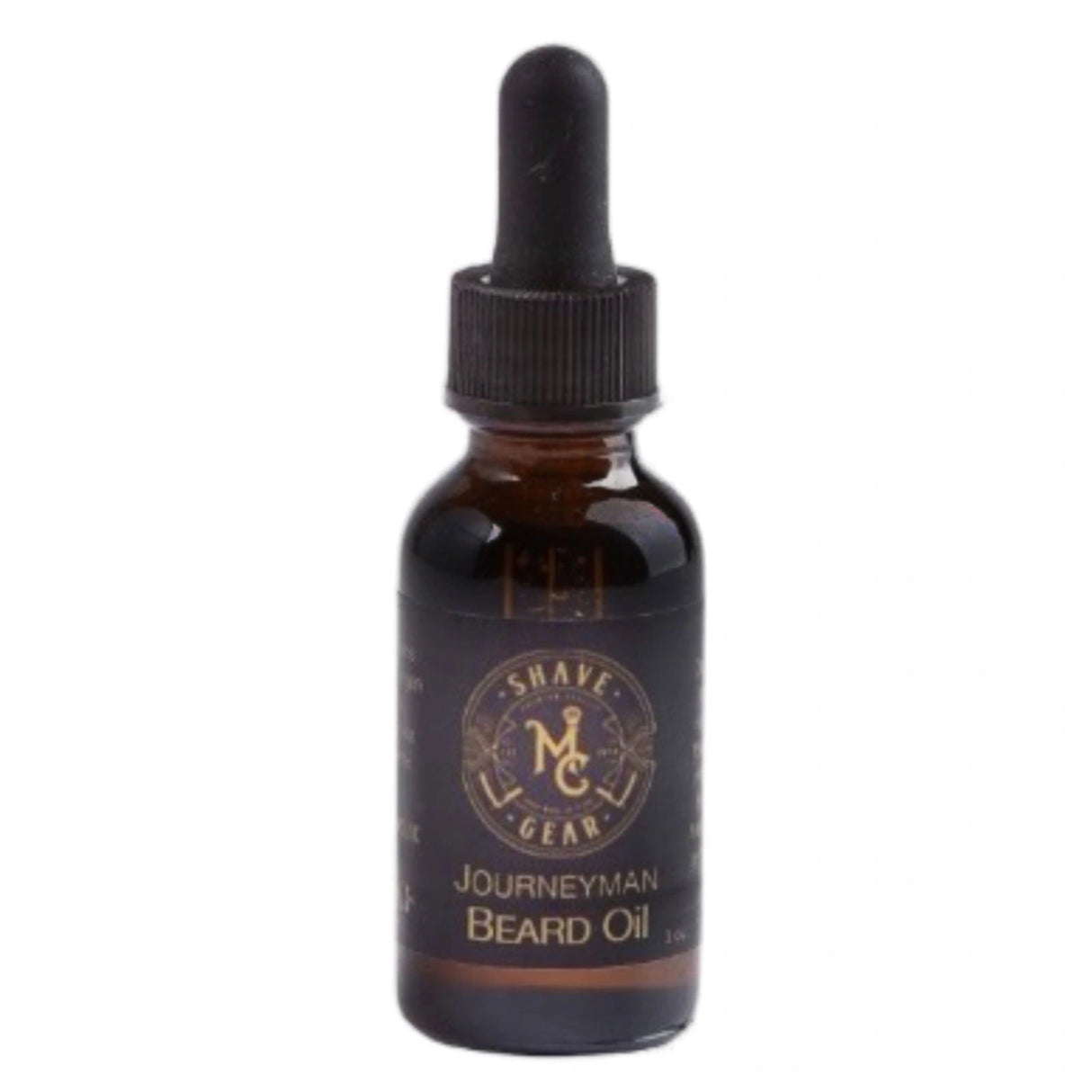Amber glass bottle with a black dropper cap. The label reads "Shave Gear" and "Journeyman Beard Oil."