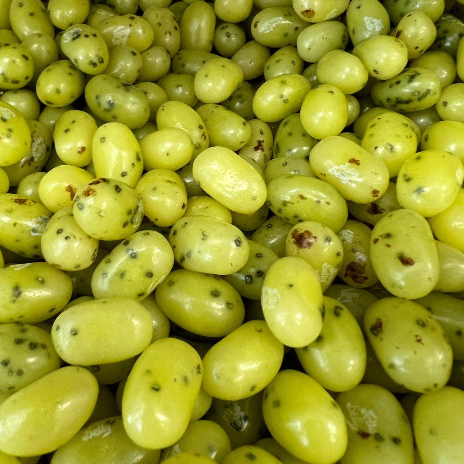 Juicy Pear Jelly Belly Beans - Small jelly bean shapes in green with dark spots to simulate pears 