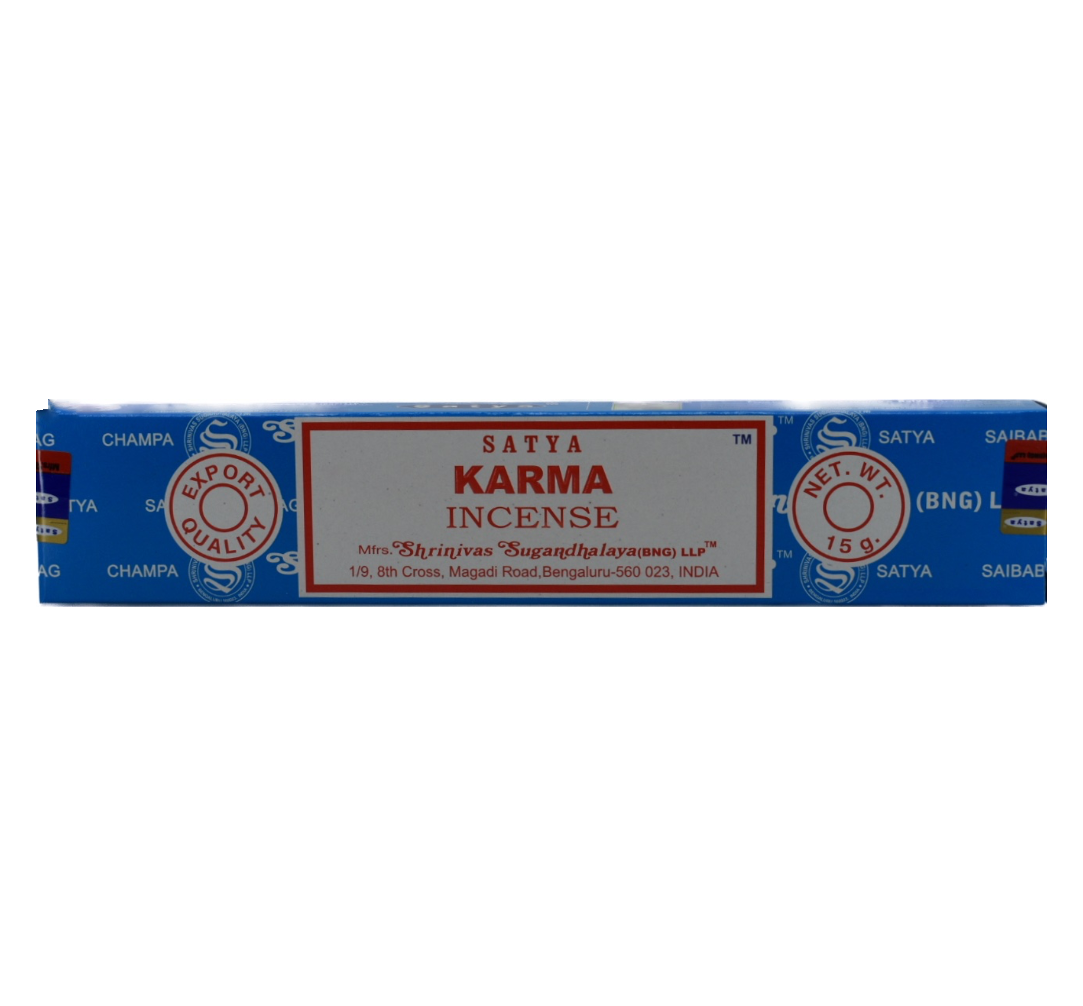 Karma 15gr Incense Sticks. Box is blue with white lines that have company words as a design. The center of the box has a white rectangle with a red frame within the border. In the rectangle the top line has the company name. The next rows have the title Karma Incense. At the bottom of the rectangle is the manufacturer's information. On both sides are a circle. The left circle says Export Quality and the right side circle says Net. Weight 15 grams.