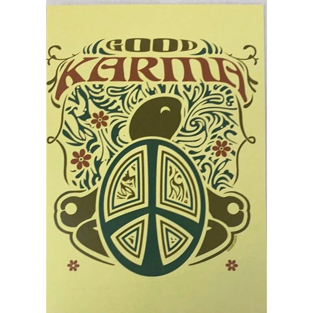 Yellow greeting card with a brown turtle and a peace sign. The word "KARMA" is written in a decorative font above the image.