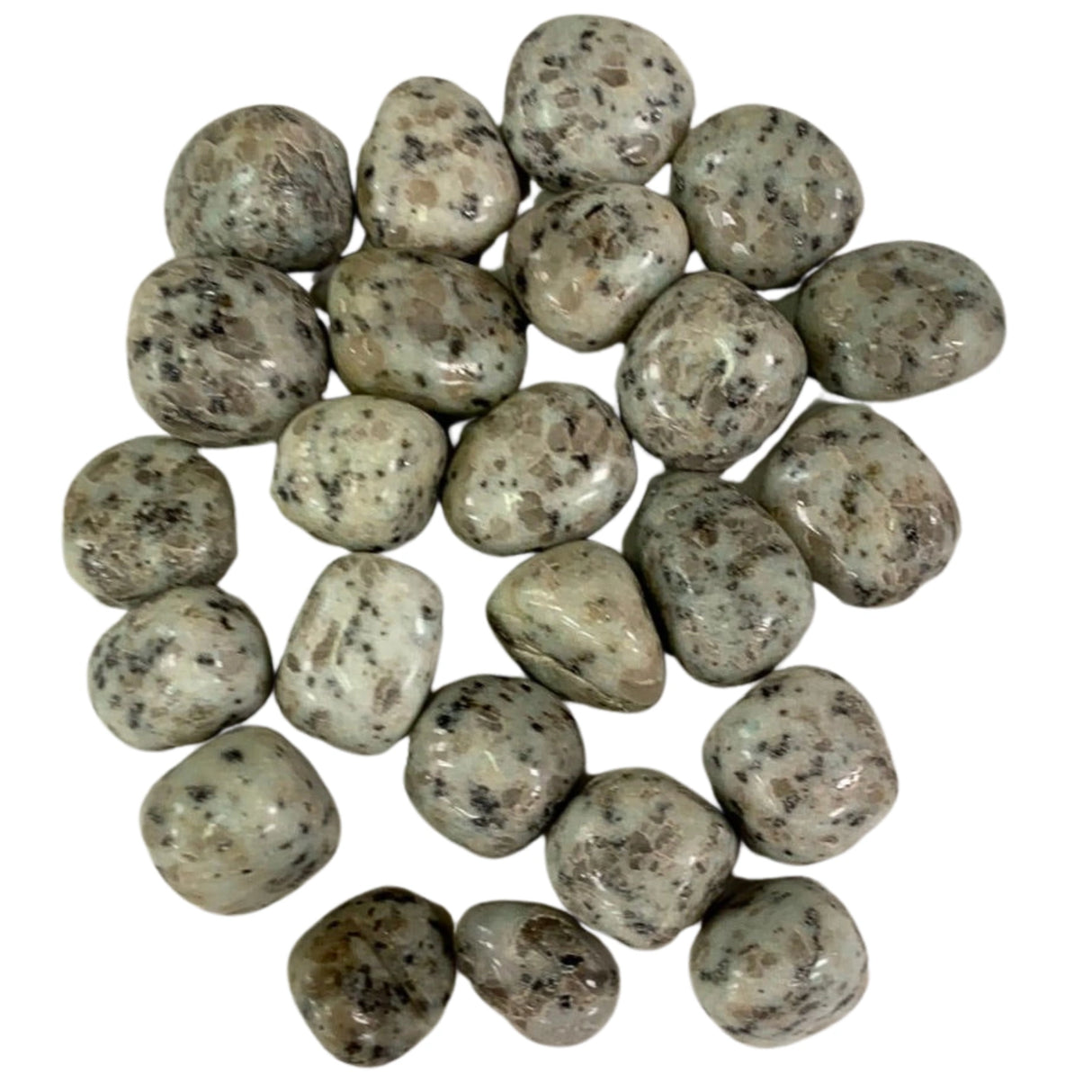 Tumbled Kiwi Jasper stones with a smooth, polished finish and a pale green color with distinctive black flecks resembling seeds.
