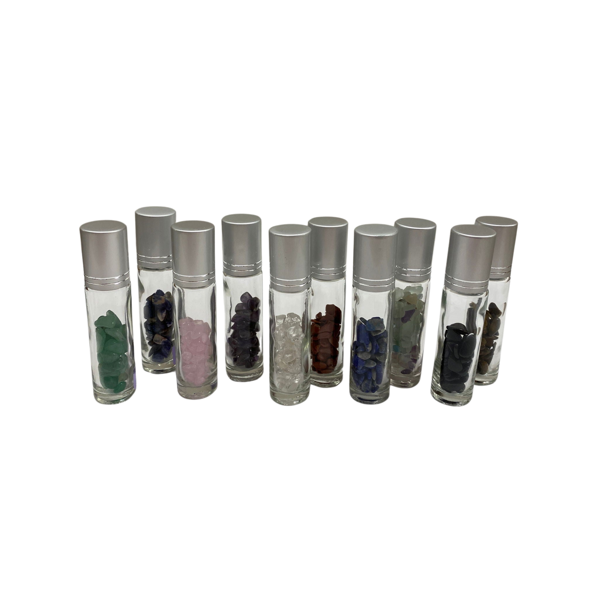 Lapis Lazuli Crystal Chip Oil Roller Bottle - A collection of transparent oil roller bottle with crystal chips