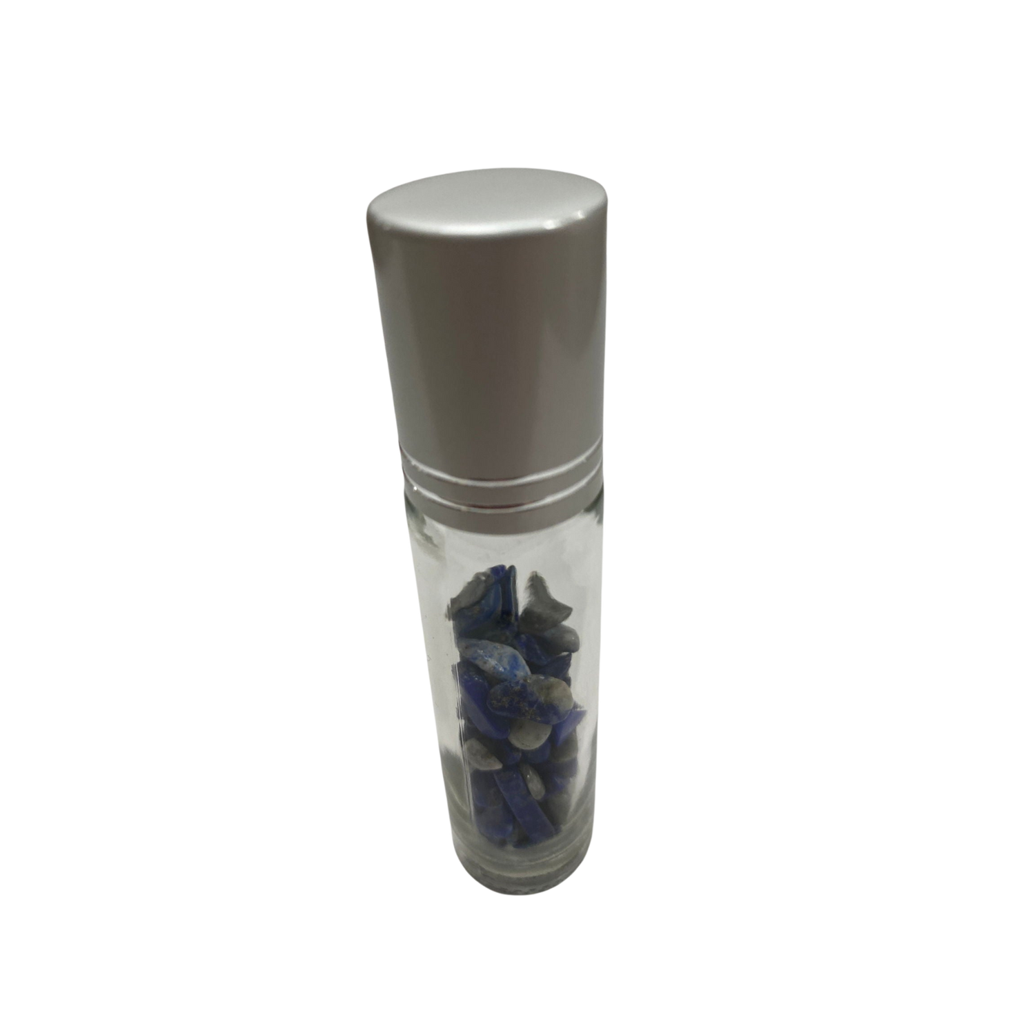 Lapis Lazuli Crystal Chip Oil Roller Bottle - Lapis Lazuli Crystal Chip inside transparent oil roller bottle.