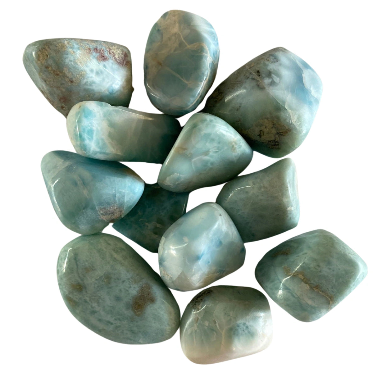 A cluster of medium-sized, tumbled Larimar stones with a smooth, polished finish and a vibrant blue color with white veining.