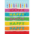 Greeting card with a colorful layered cake and candles. The text "HAPPY HAPPY HAPPY HAPPY HAPPY" is written on the cake.