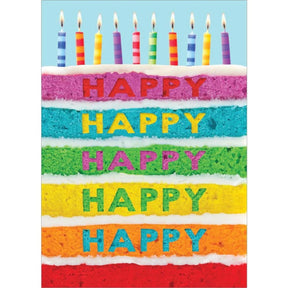 Greeting card with a colorful layered cake and candles. The text "HAPPY HAPPY HAPPY HAPPY HAPPY" is written on the cake.