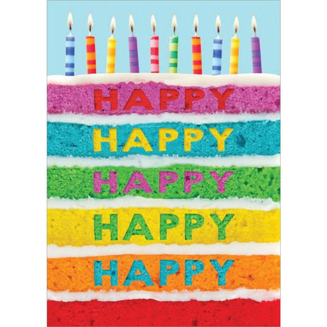 Greeting card with a colorful layered cake and candles. The text "HAPPY HAPPY HAPPY HAPPY HAPPY" is written on the cake.
