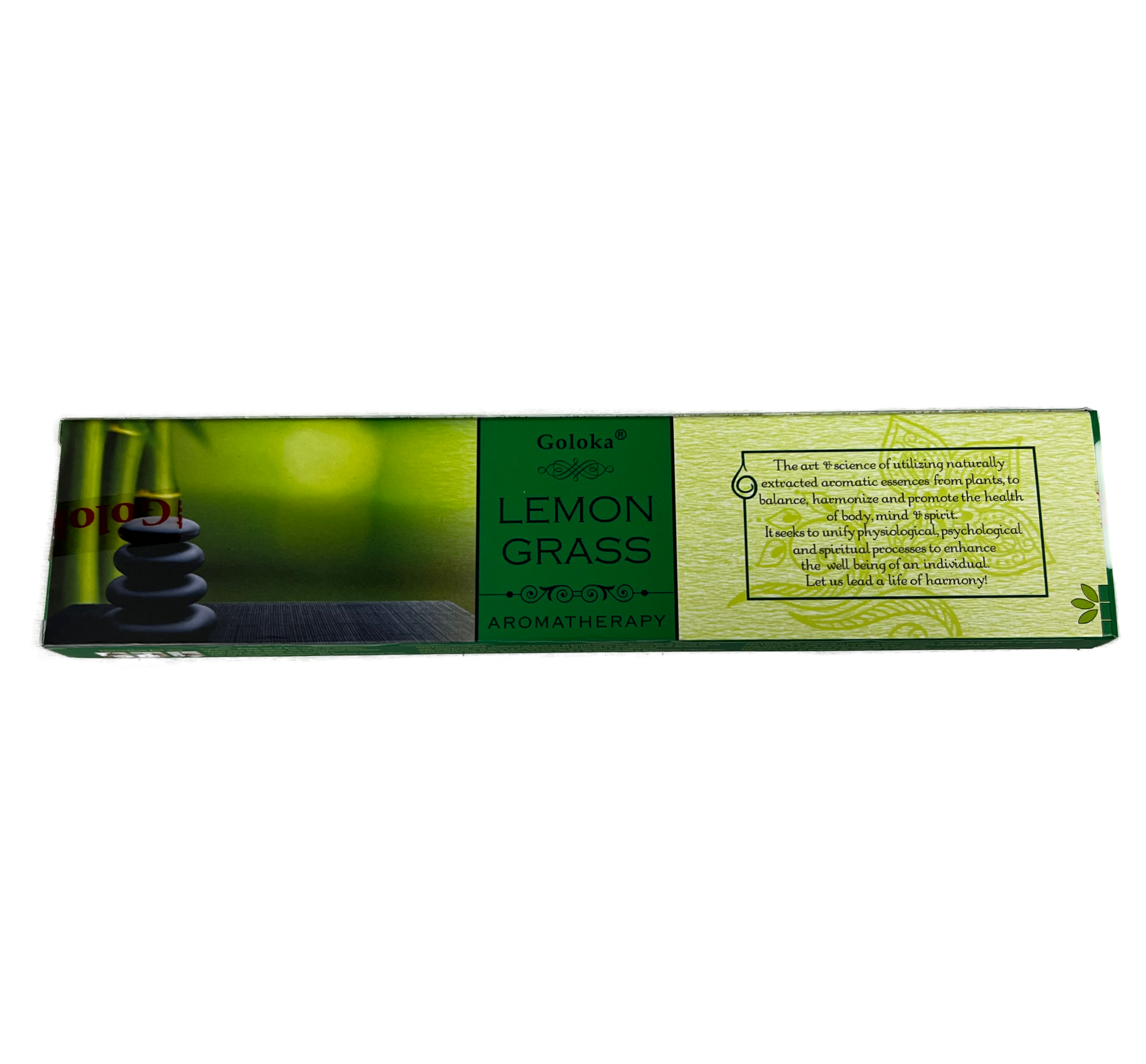 Lemon Grass Incense Sticks Back. The back cover is white and has two boxes. The left box is a square and in the square is a bunch of lemon grass bundled with a yellow knot. The rectangle has a title that says Botanical Name: Cymbopogon citrullus. The description is then listed.